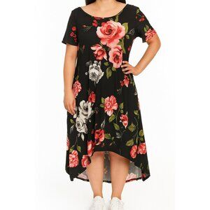 Womens Floral High Low Midi Dress Classic Pink Summer Short Sleeve Romantic XL